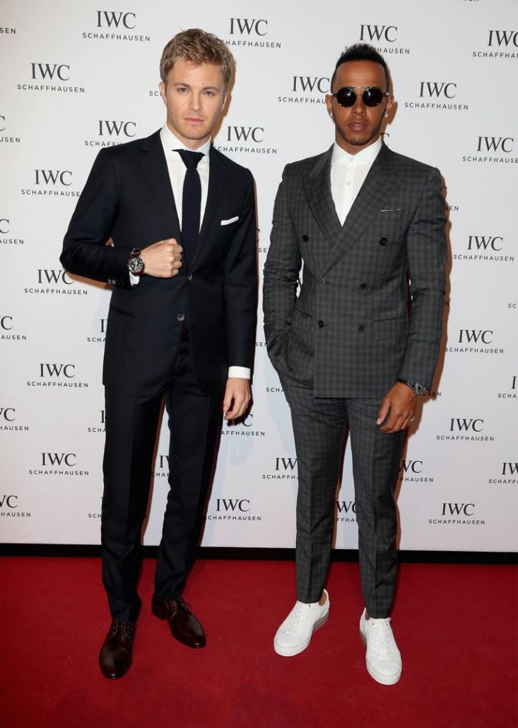 HANDOUT - Nico Rosberg and Lewis Hamilton attend the IWC "Come Fly with us" Gala Dinner during the launch of the Pilot's Watches Novelties from the Swiss luxury watch manufacturer IWC Schaffhausen at the Salon International de la Haute Horlogerie (SIHH) 2016 on January 19, 2016 in Geneva, Switzerland. (PHOTOPRESS/IWC)